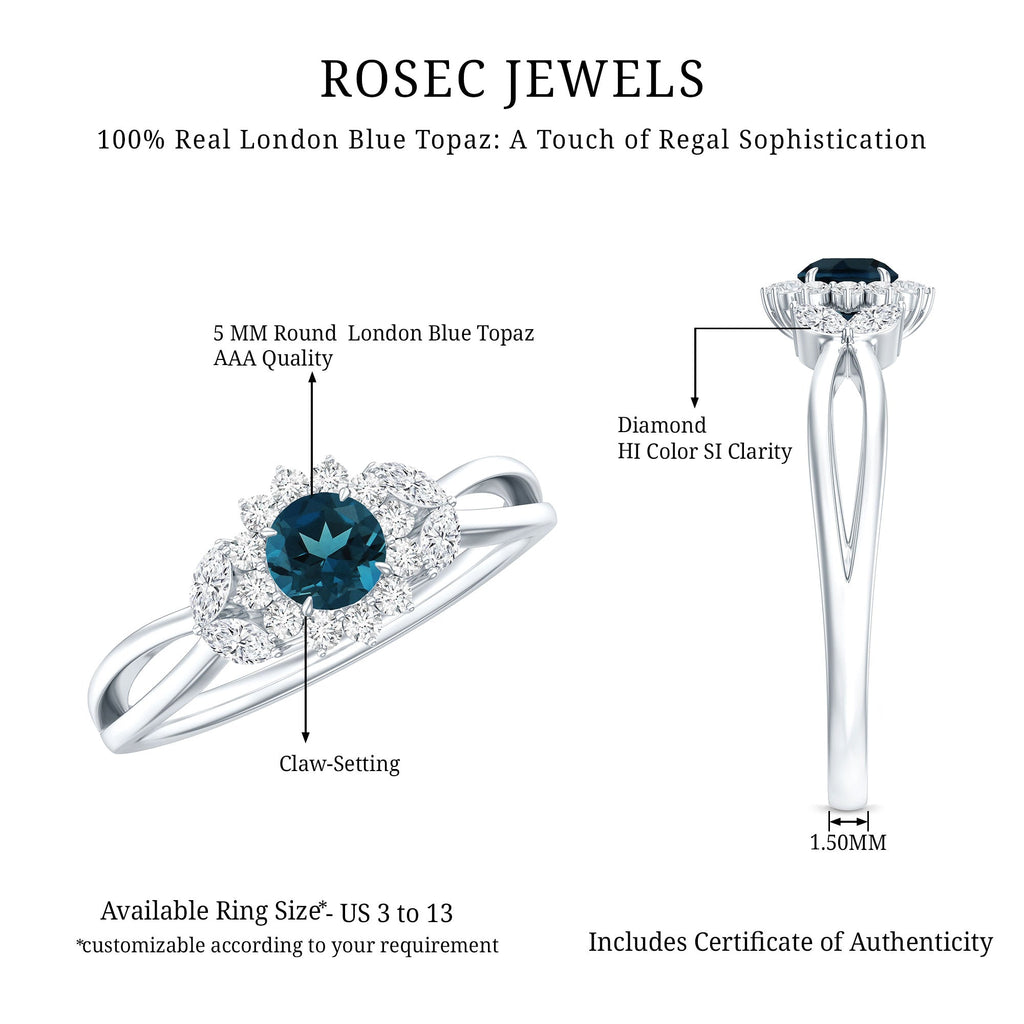 0.6 Carat London Blue Topaz Floral Engagement Ring with Diamond