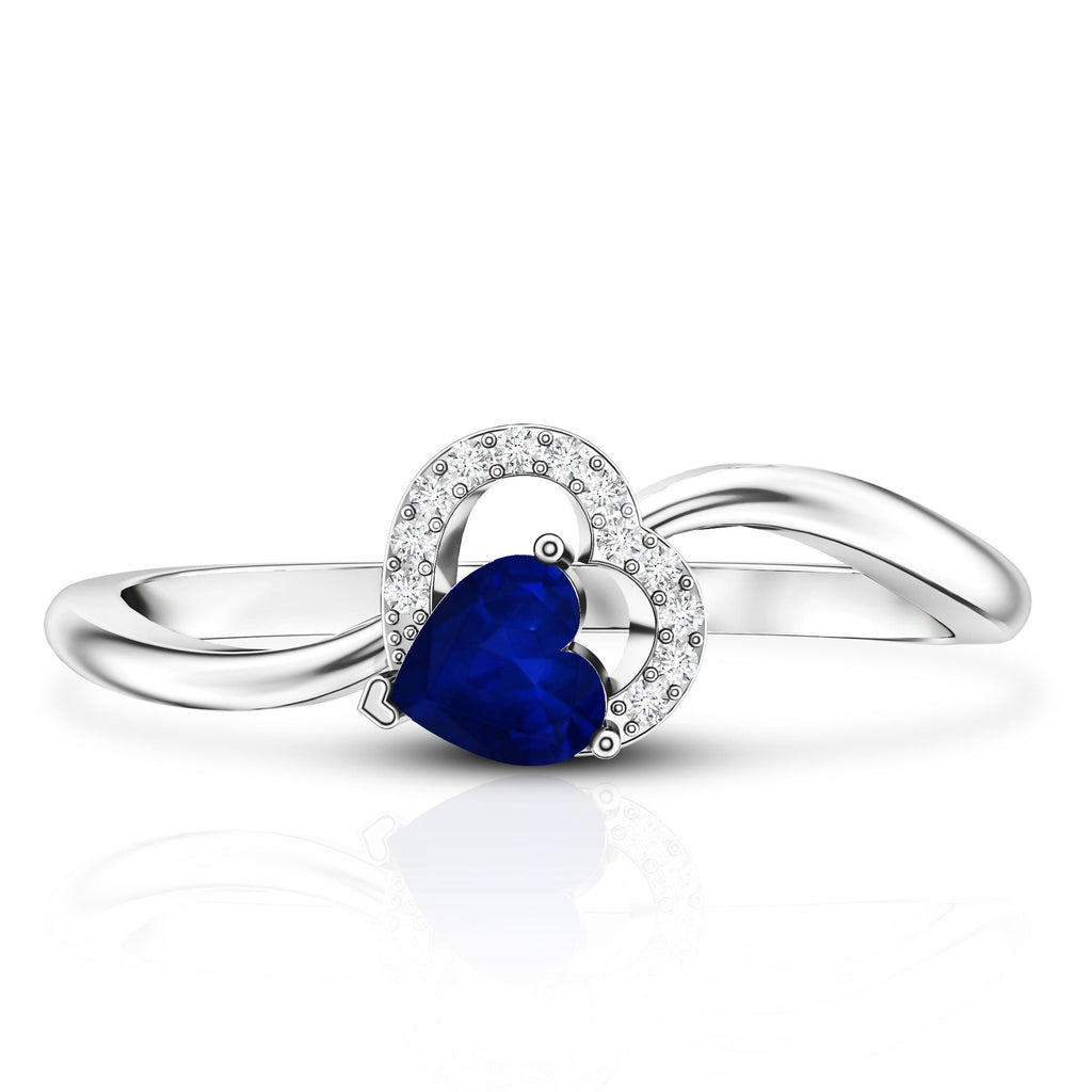 Real Heart Shape Blue Sapphire Diamond Promise Ring for Women