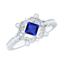 Vintage Inspired Lab Grown Blue Sapphire Engagement Ring with Diamond