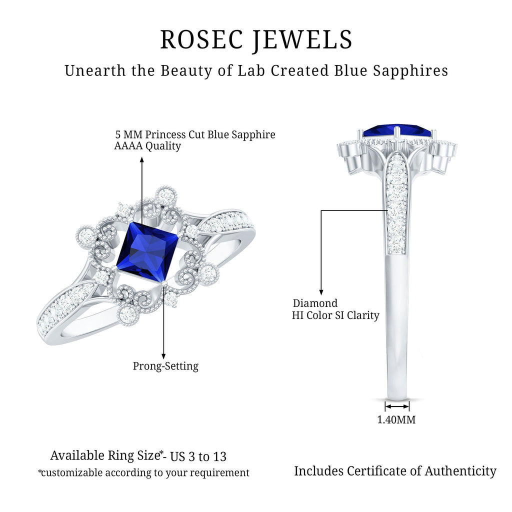 Vintage Inspired Lab Grown Blue Sapphire Engagement Ring with Diamond