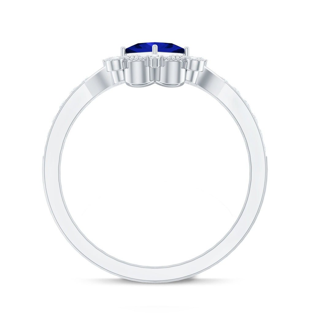 Vintage Inspired Lab Grown Blue Sapphire Engagement Ring with Diamond