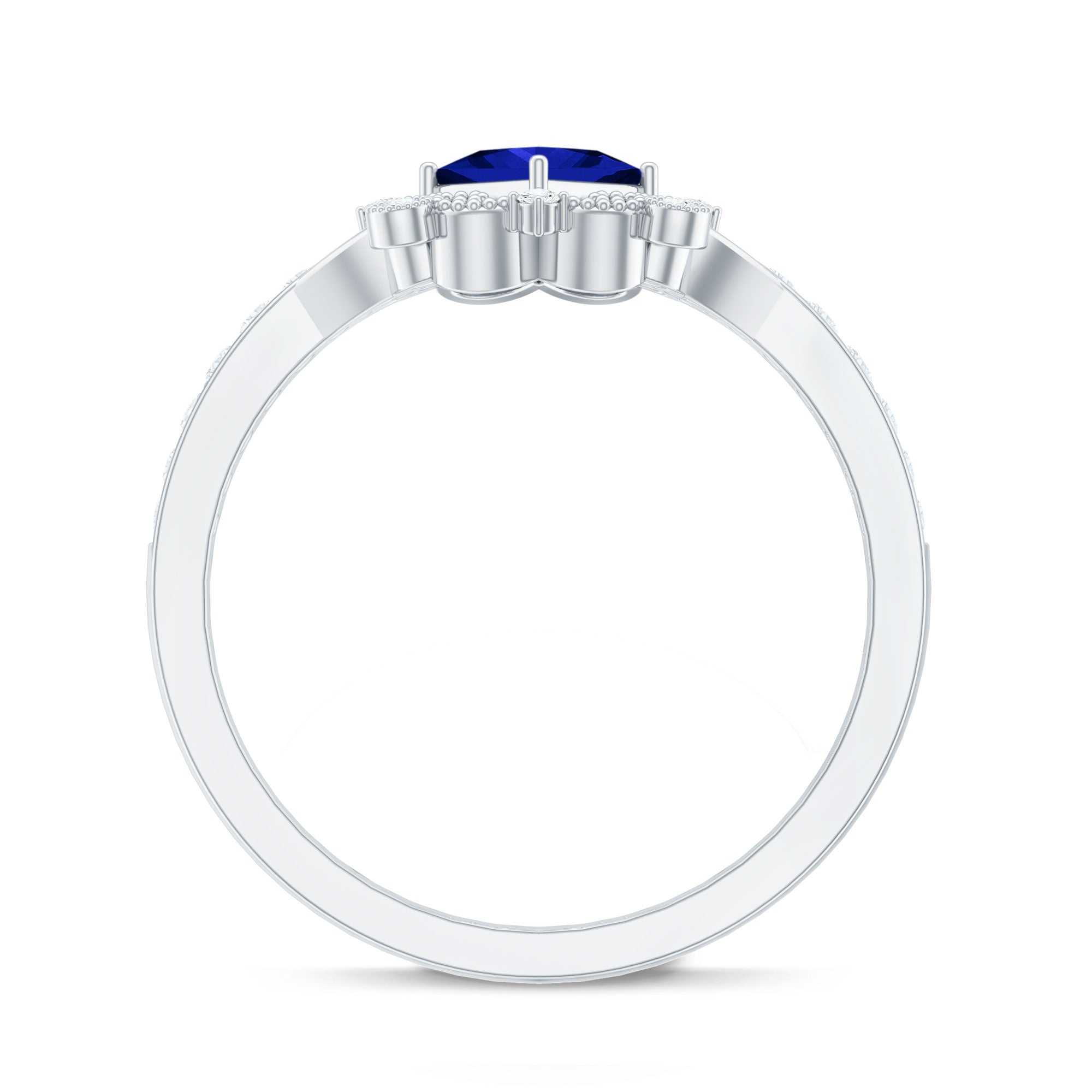 Vintage Inspired Lab Grown Blue Sapphire Engagement Ring with Diamond