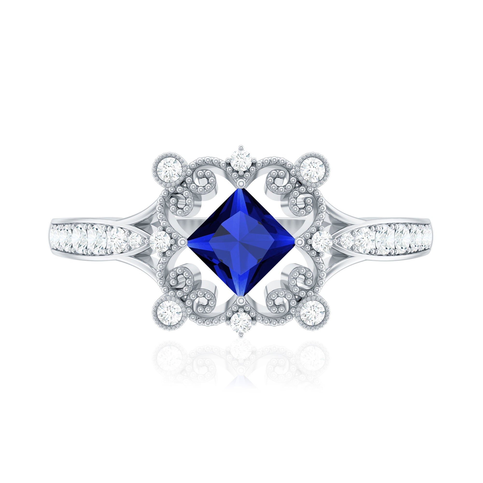Vintage Inspired Lab Grown Blue Sapphire Engagement Ring with Diamond