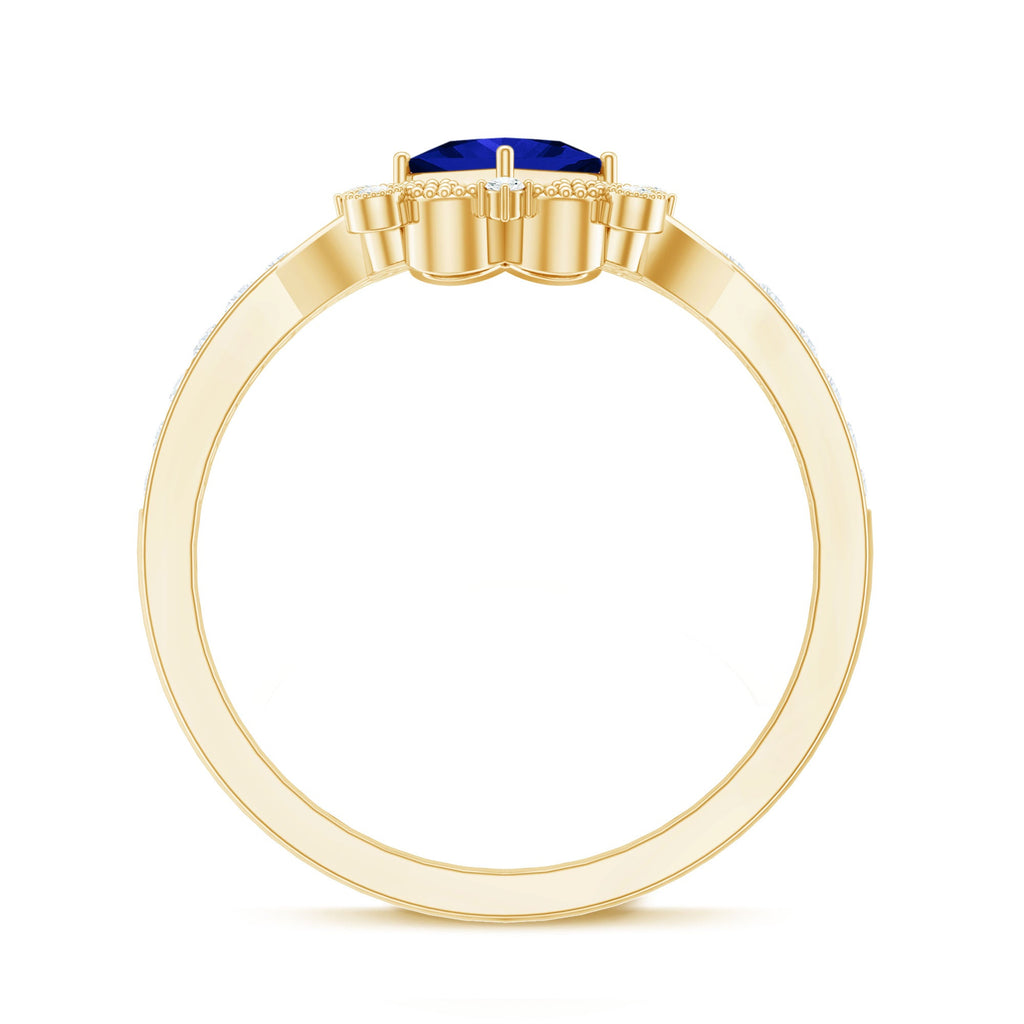 Vintage Inspired Lab Grown Blue Sapphire Engagement Ring with Diamond