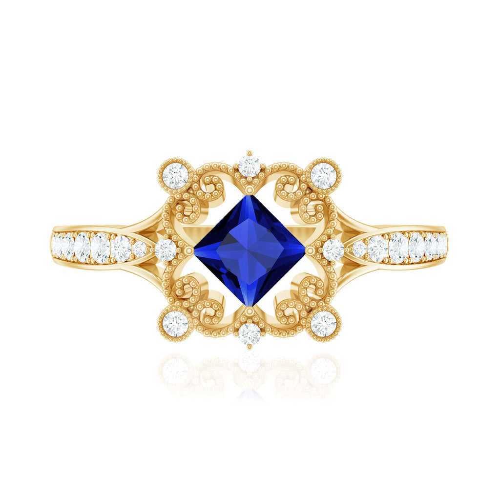 Vintage Inspired Lab Grown Blue Sapphire Engagement Ring with Diamond