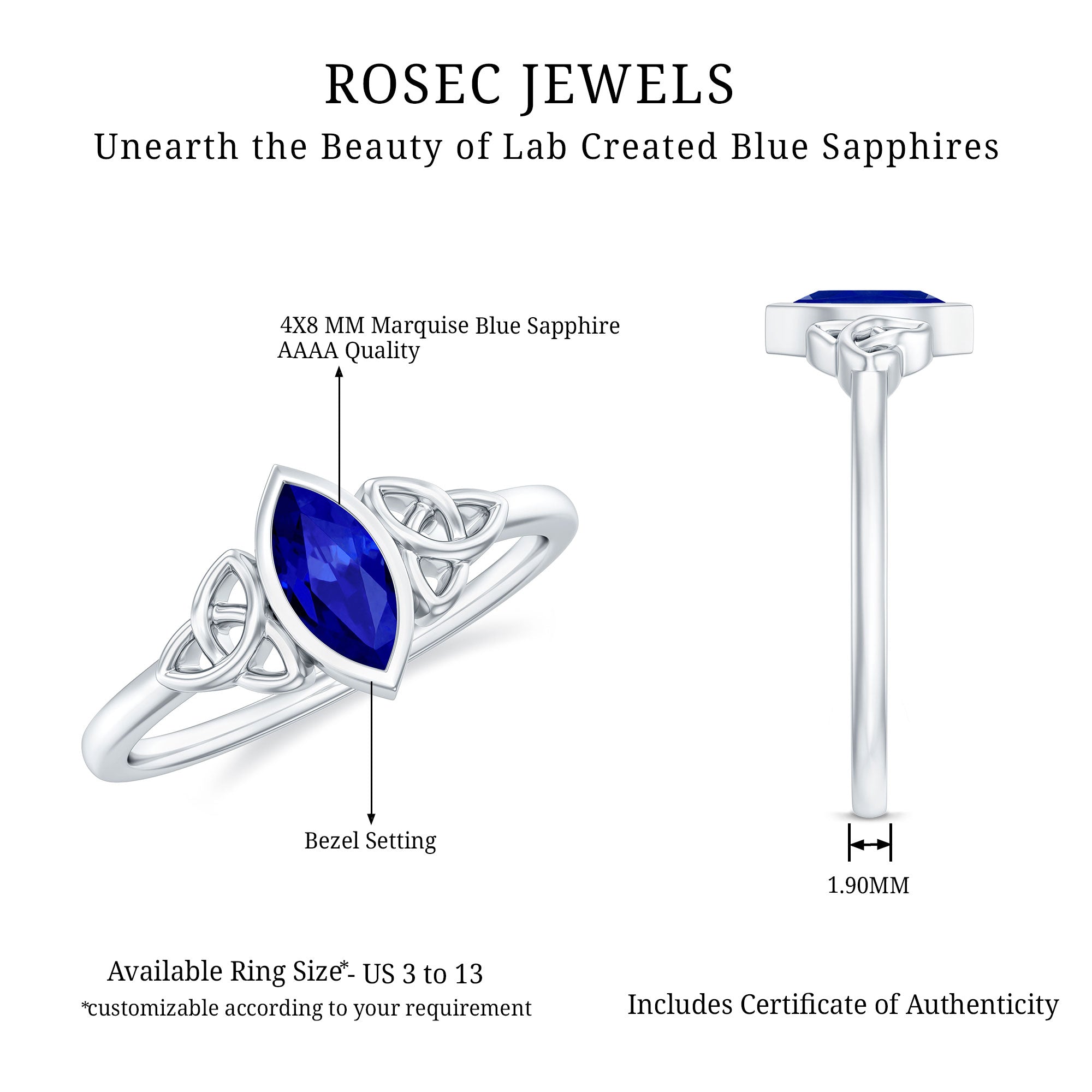 Certified Lab Grown Blue Sapphire Marquise Engagement Ring with Celtic Knot
