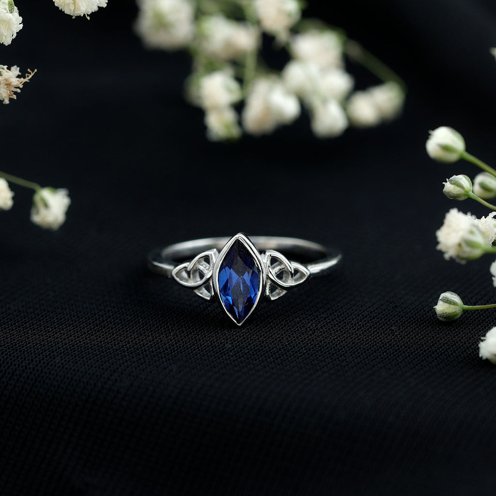 Certified Lab Grown Blue Sapphire Marquise Engagement Ring with Celtic Knot