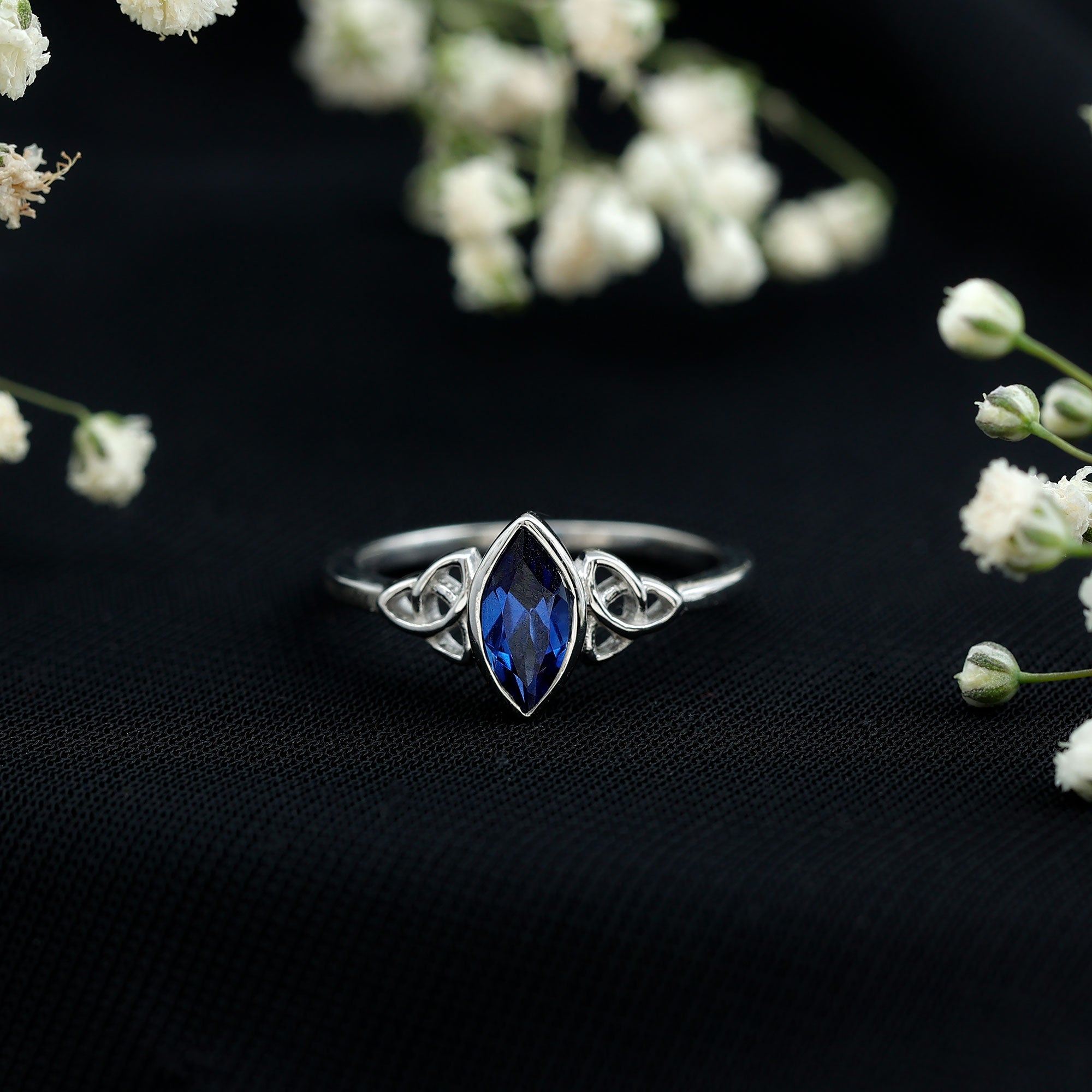 Certified Lab Grown Blue Sapphire Marquise Engagement Ring with Celtic Knot