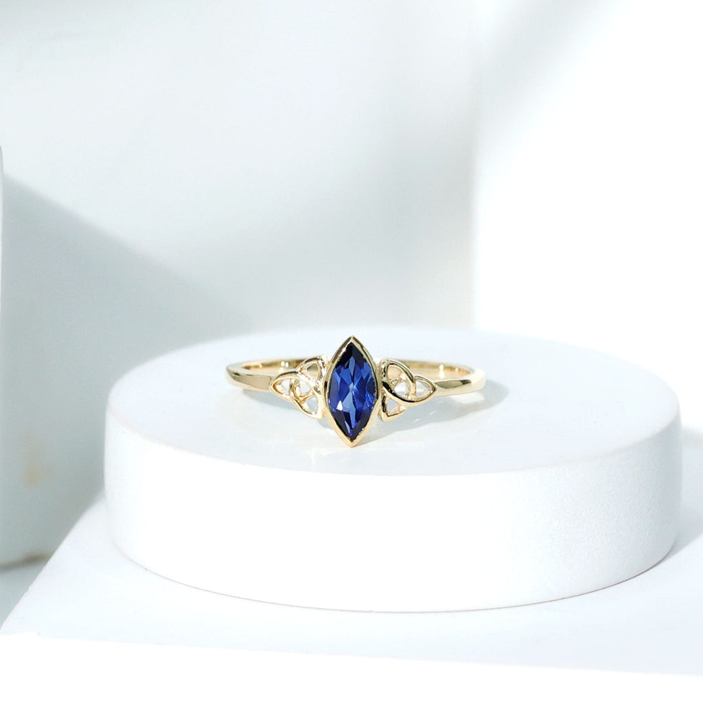 Certified Lab Grown Blue Sapphire Marquise Engagement Ring with Celtic Knot