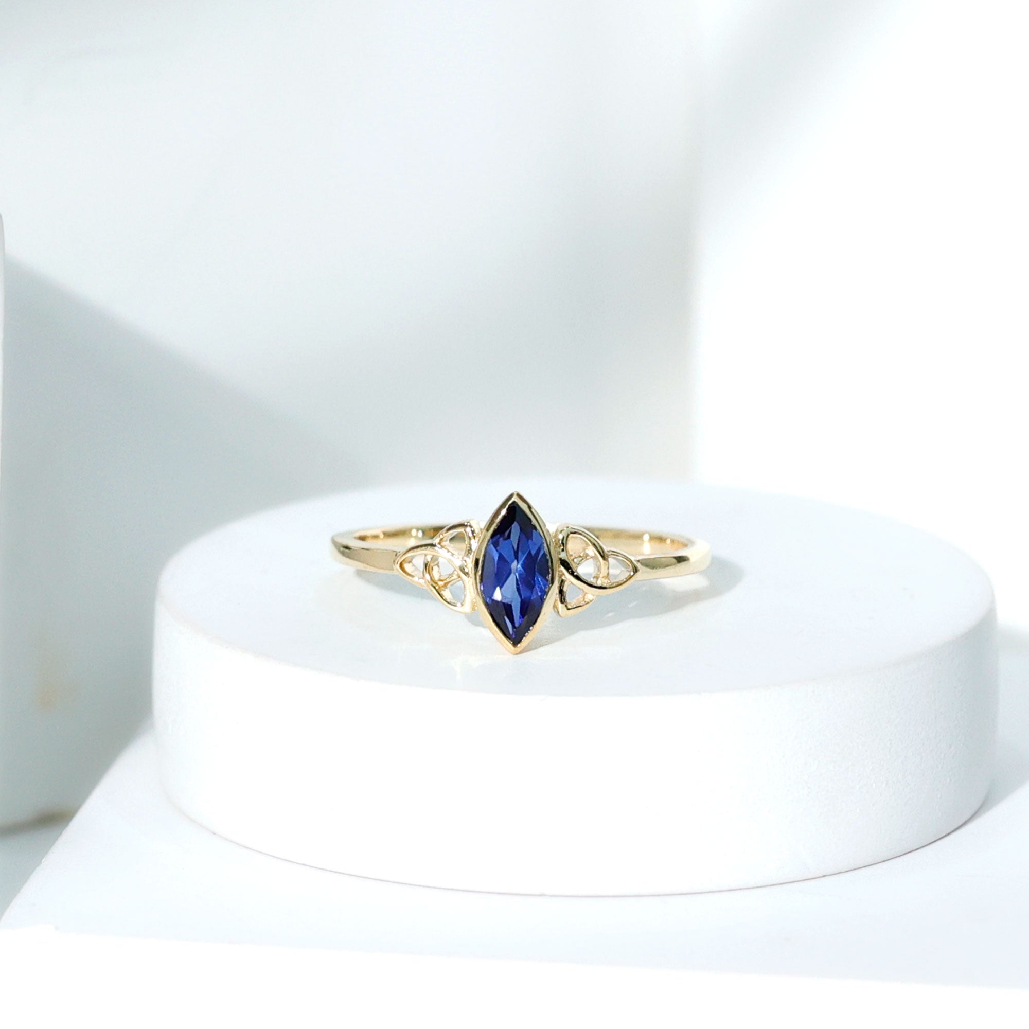 Certified Lab Grown Blue Sapphire Marquise Engagement Ring with Celtic Knot