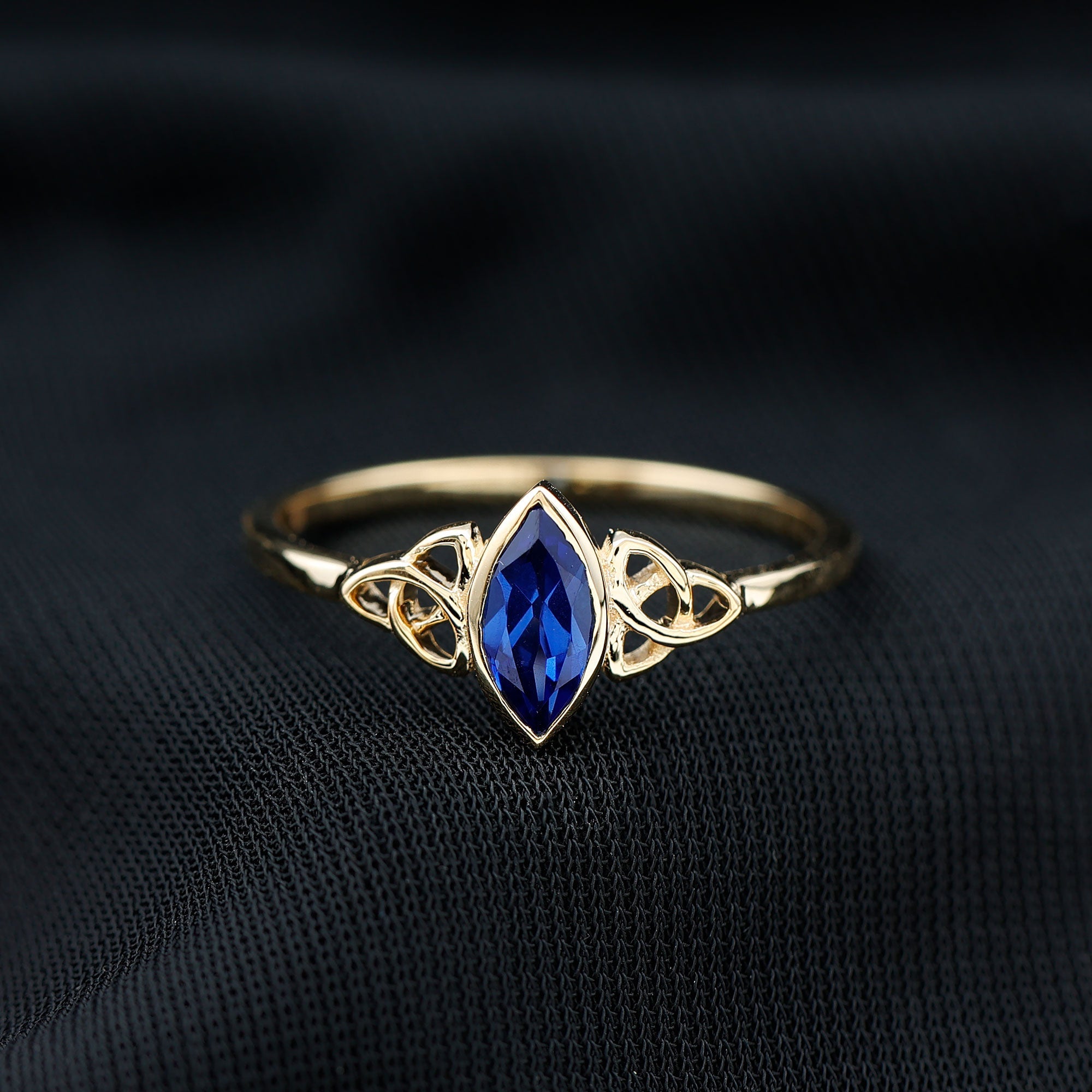 Certified Lab Grown Blue Sapphire Marquise Engagement Ring with Celtic Knot