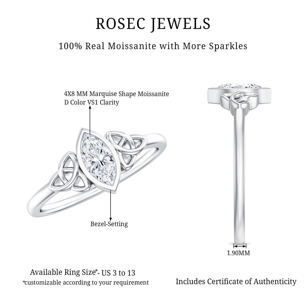 Marquise Cut Moissanite Solitaire Celtic Knot Ring in Bezel Setting