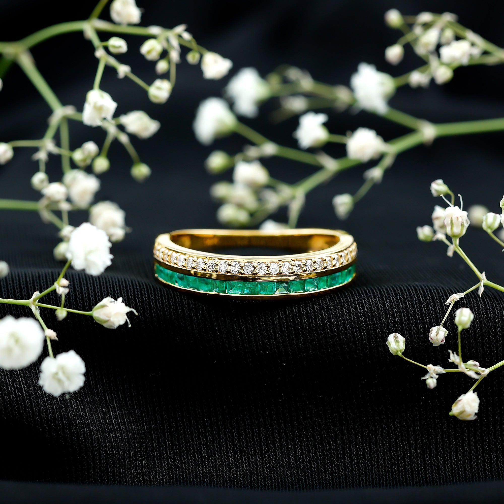 Natural Emerald and Diamond Half Eternity Wedding Band