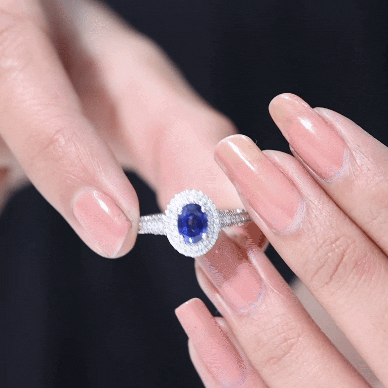 1 Carat Oval Lab Grown Blue Sapphire Diamond Vintage Engagement Ring with Double Halo