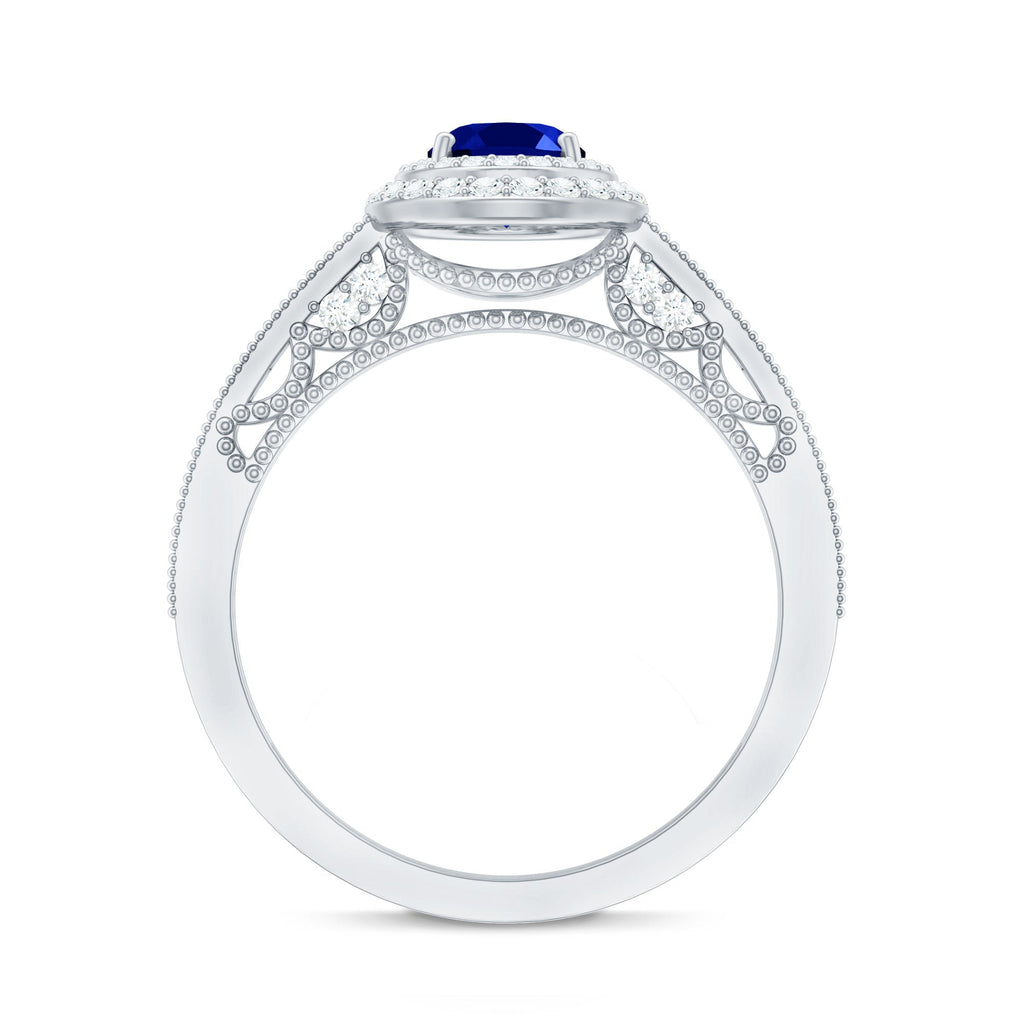 1 Carat Oval Lab Grown Blue Sapphire Diamond Vintage Engagement Ring with Double Halo