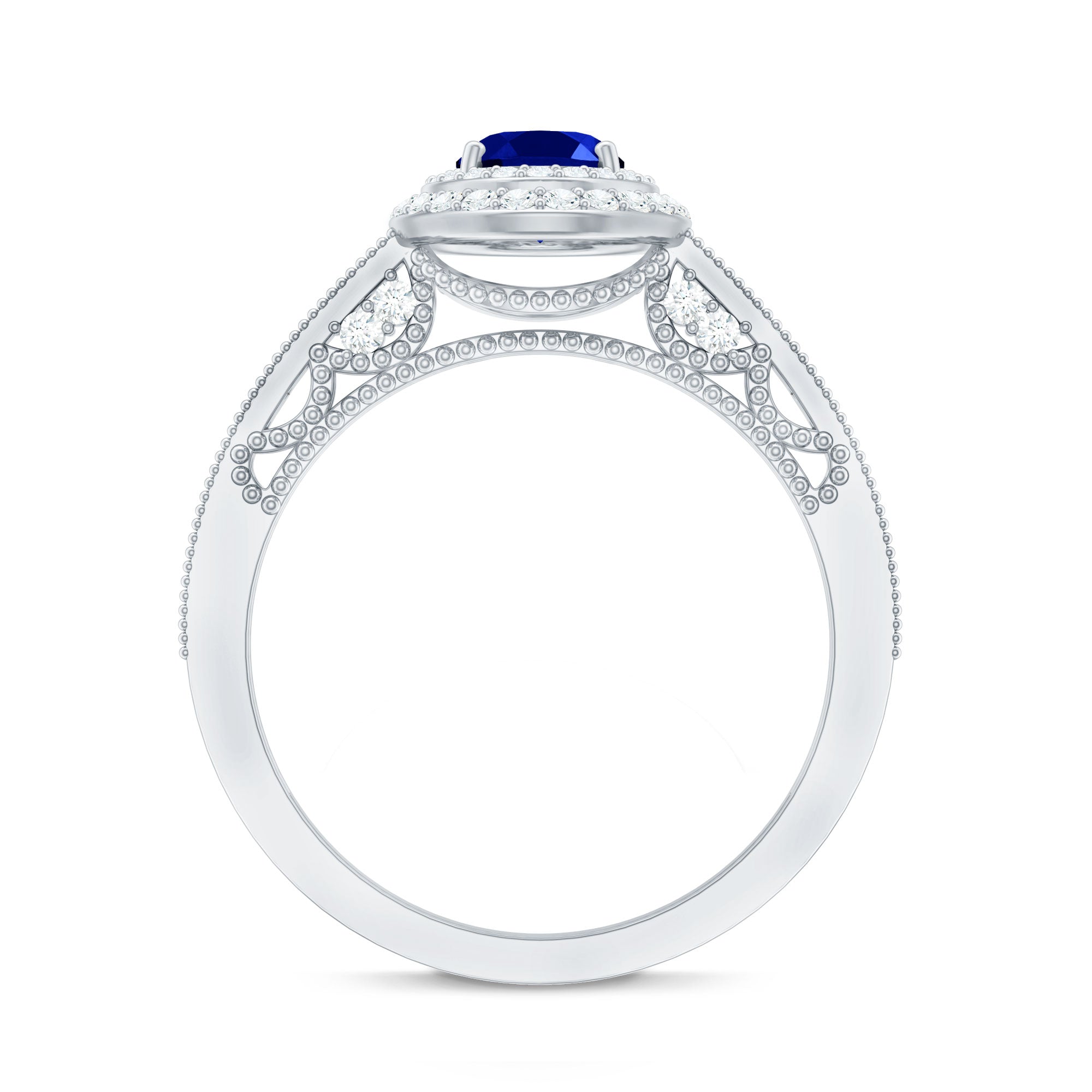 1 Carat Oval Lab Grown Blue Sapphire Diamond Vintage Engagement Ring with Double Halo