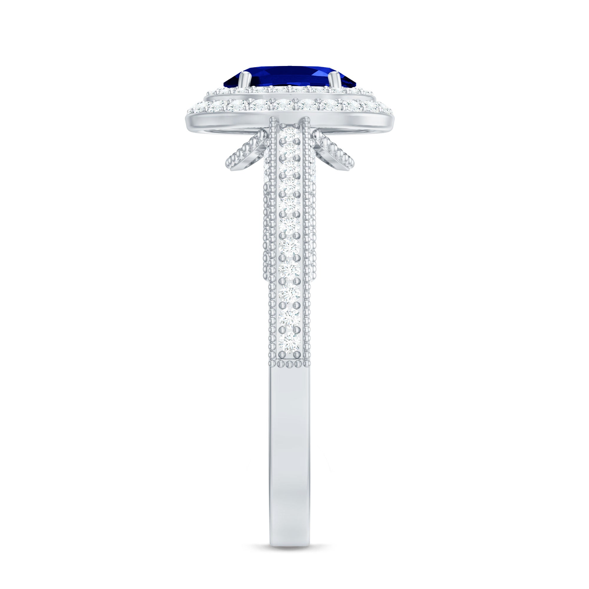 1 Carat Oval Lab Grown Blue Sapphire Diamond Vintage Engagement Ring with Double Halo