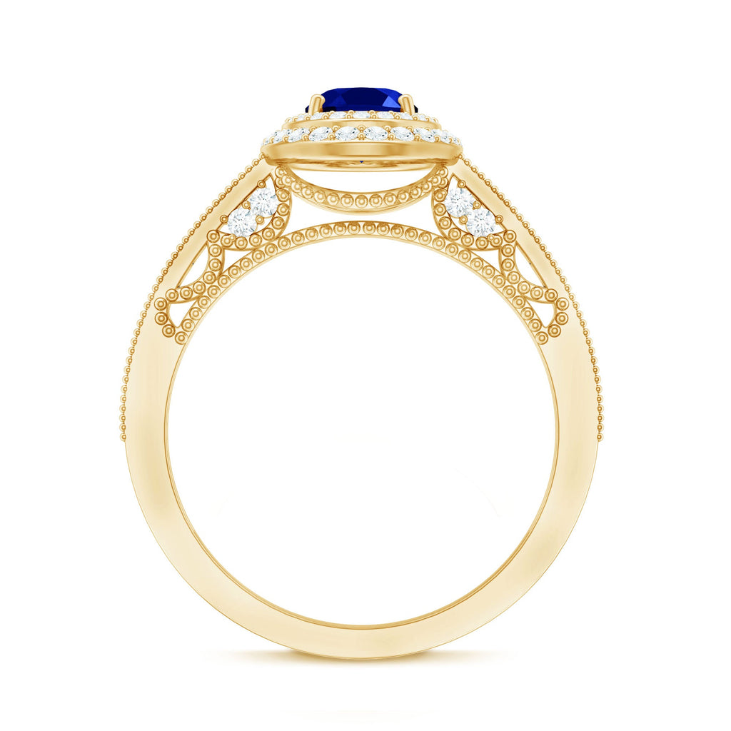 1 Carat Oval Lab Grown Blue Sapphire Diamond Vintage Engagement Ring with Double Halo