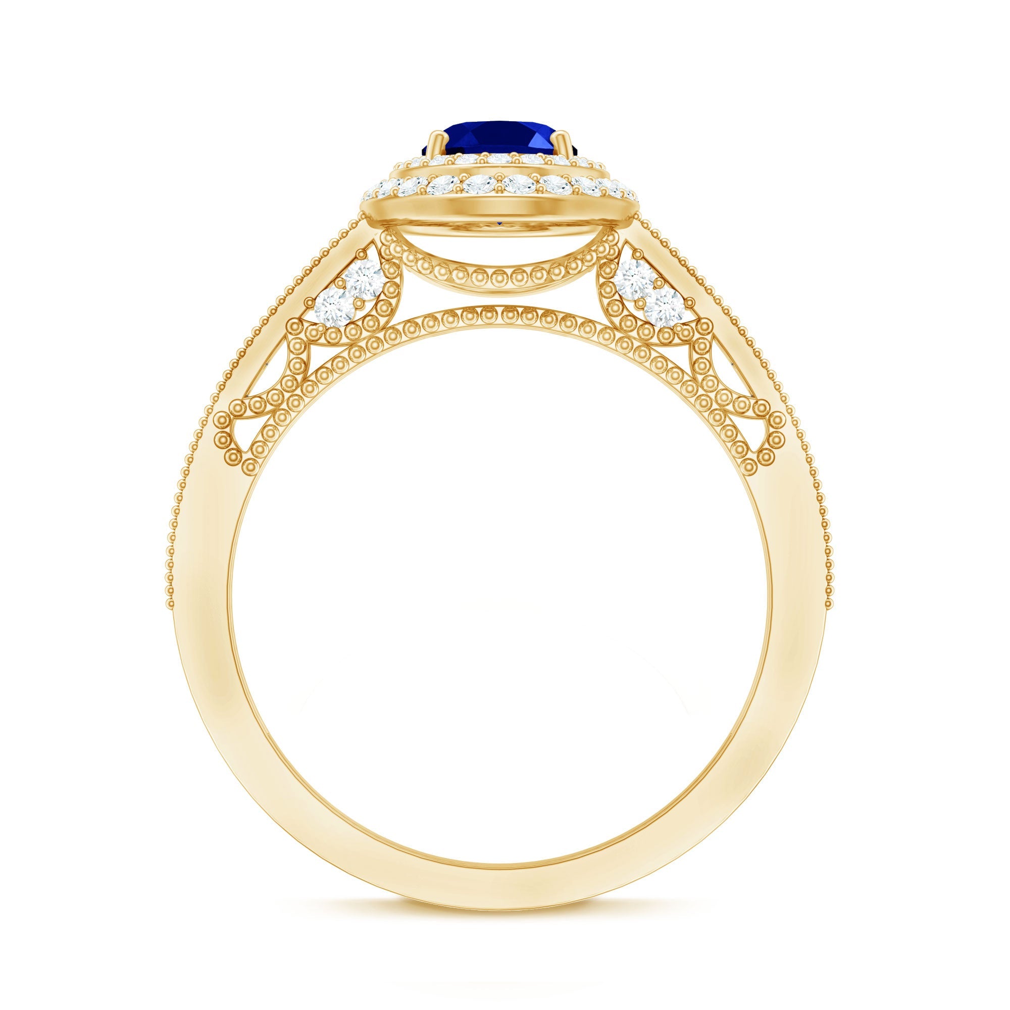 1 Carat Oval Lab Grown Blue Sapphire Diamond Vintage Engagement Ring with Double Halo