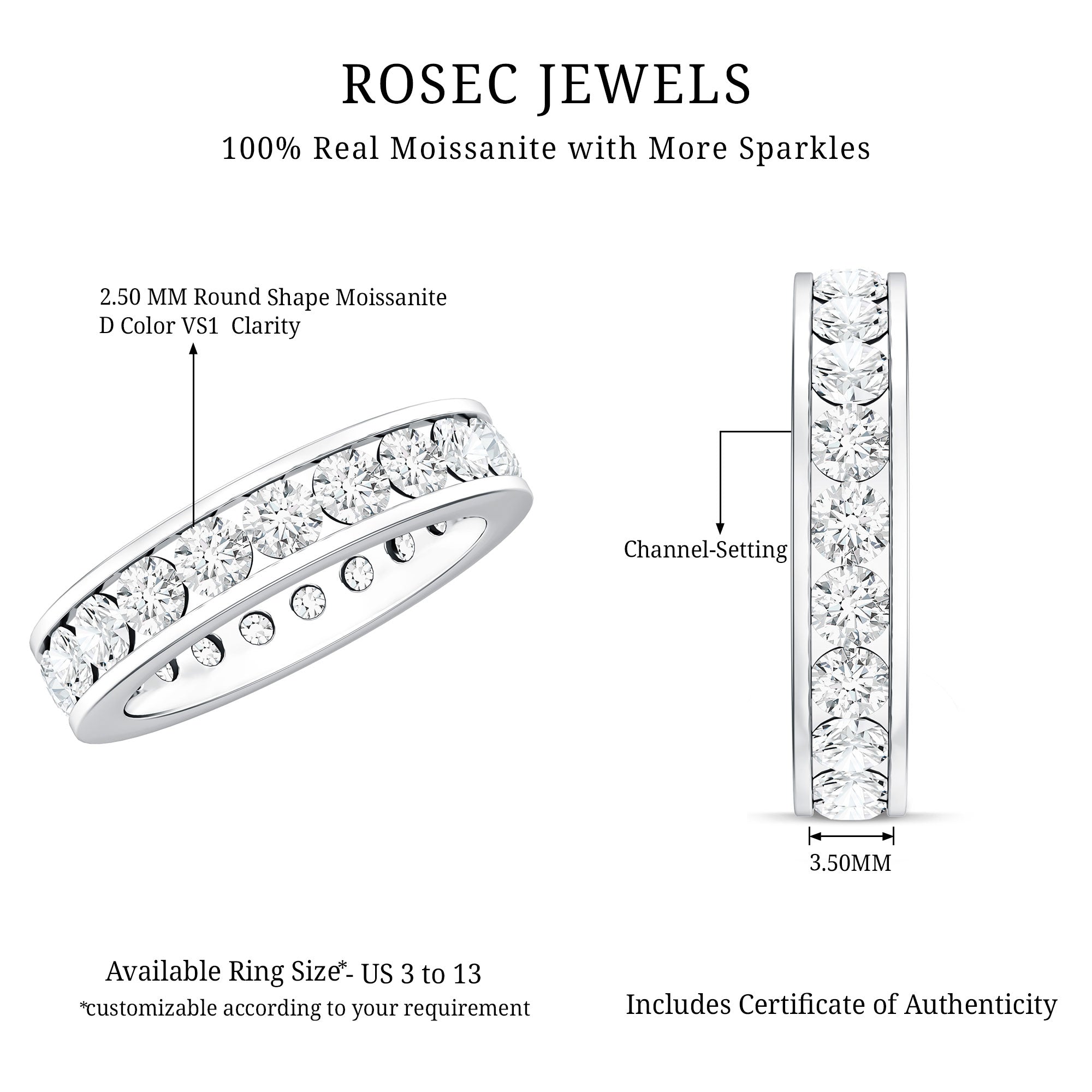 Certified Moissanite Channel Set Eternity Ring for Anniversary