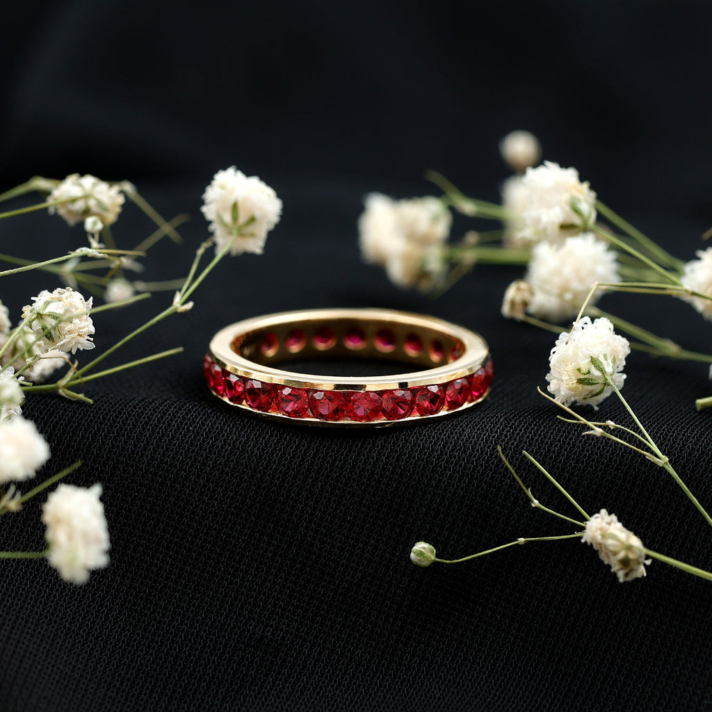 Round Created Ruby Full Eternity Ring in Channel Setting