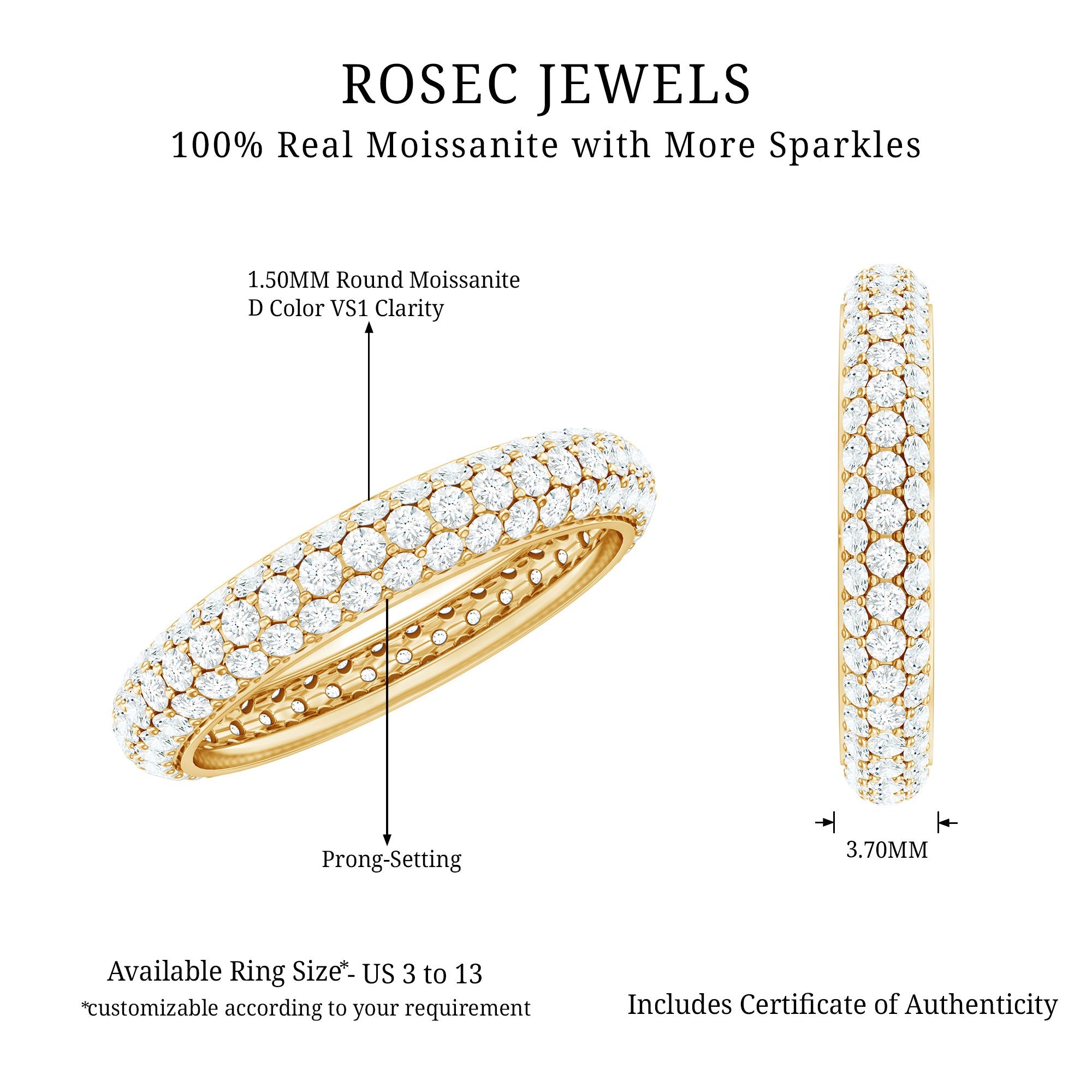Pave Set Certified Moissanite Three Row Eternity Band