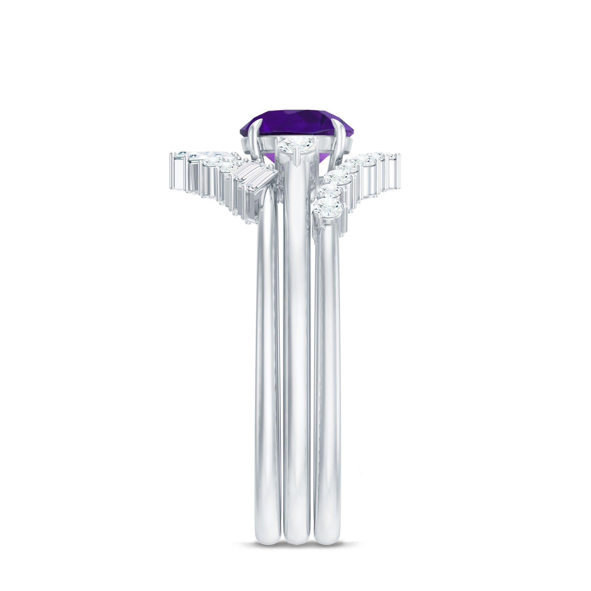 Natural 1.2 Carat Amethyst Diamond 3 Piece Bridal Ring Set