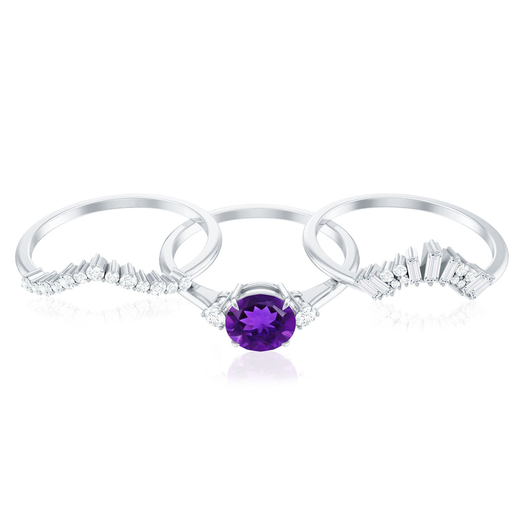 Natural 1.2 Carat Amethyst Diamond 3 Piece Bridal Ring Set