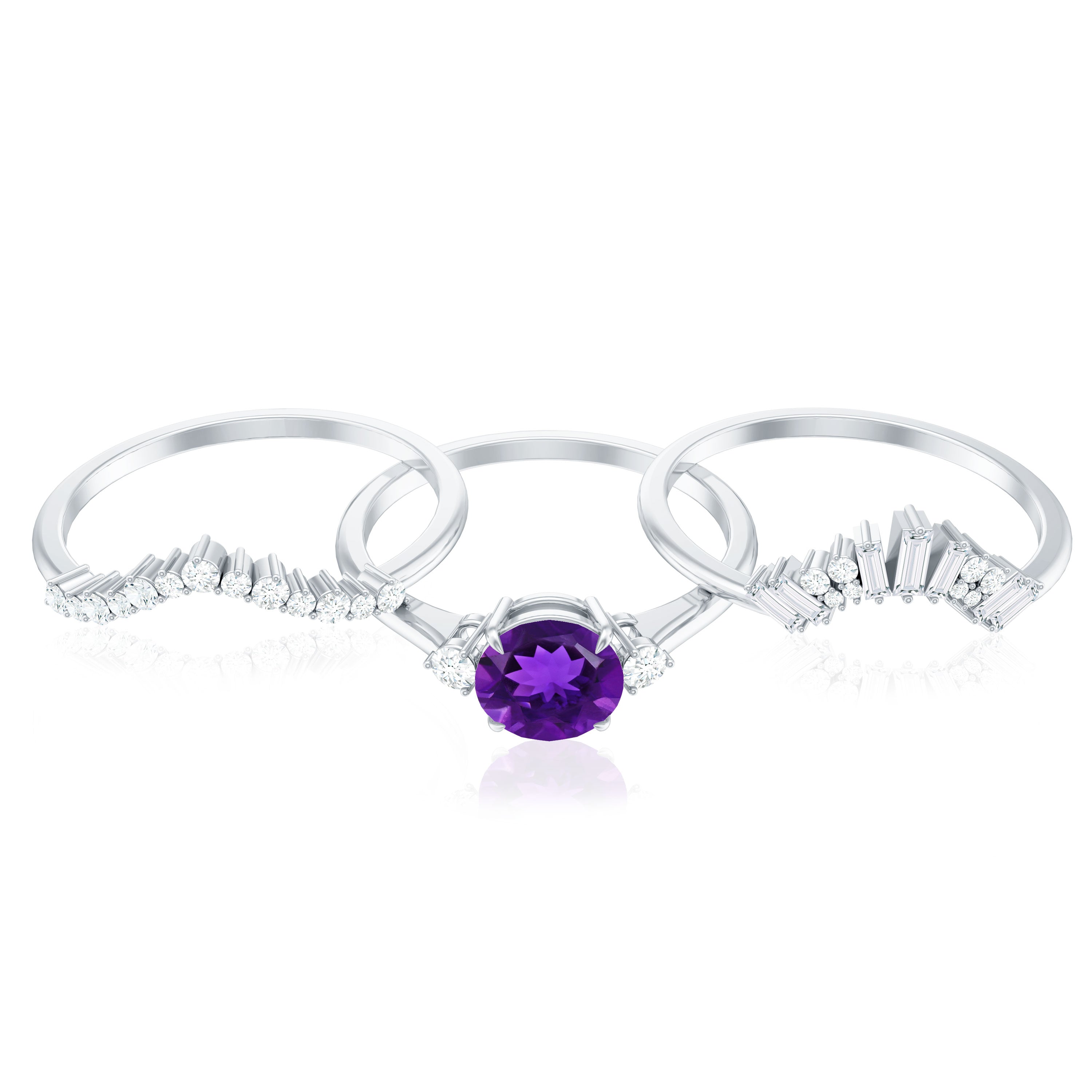 Natural 1.2 Carat Amethyst Diamond 3 Piece Bridal Ring Set