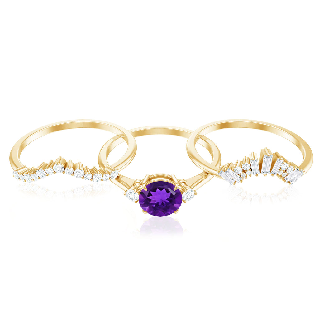 Natural 1.2 Carat Amethyst Diamond 3 Piece Bridal Ring Set