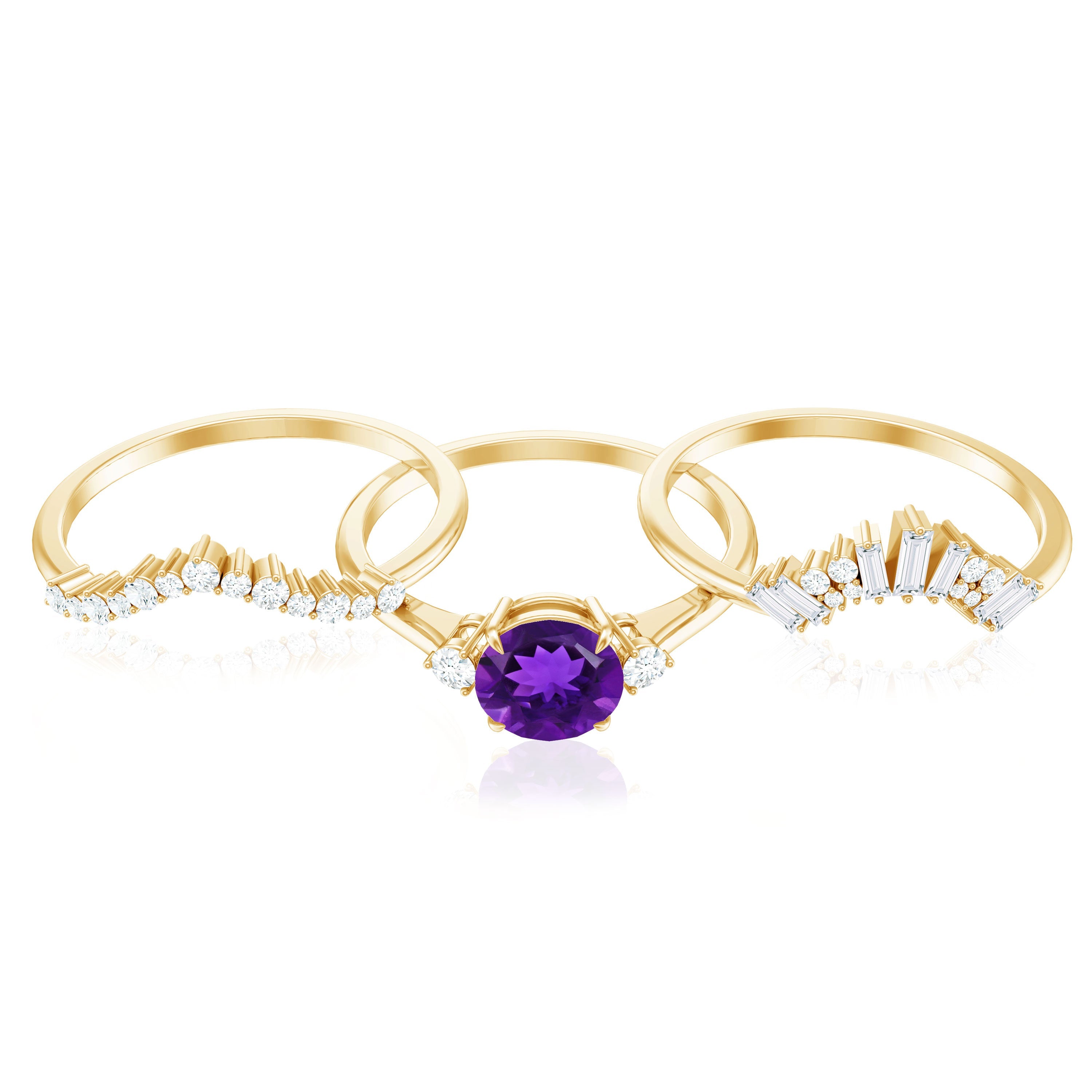 Natural 1.2 Carat Amethyst Diamond 3 Piece Bridal Ring Set