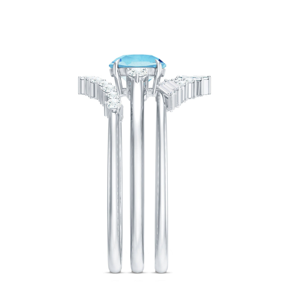 Real Aquamarine Designer Trio Wedding Ring Set with Diamond