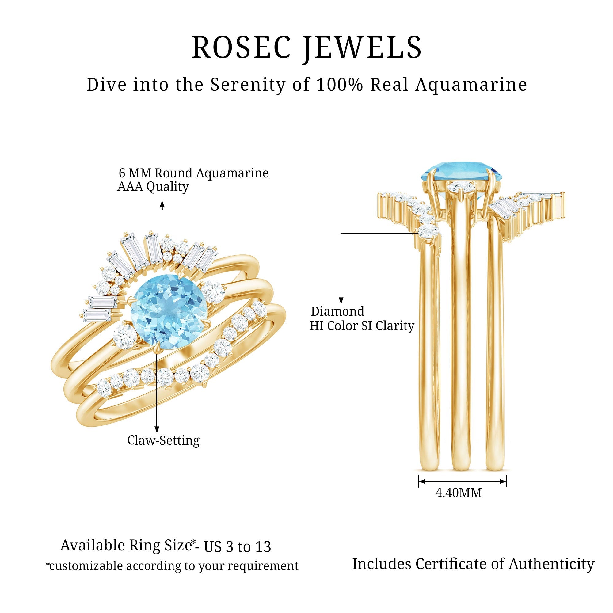 Real Aquamarine Designer Trio Wedding Ring Set with Diamond