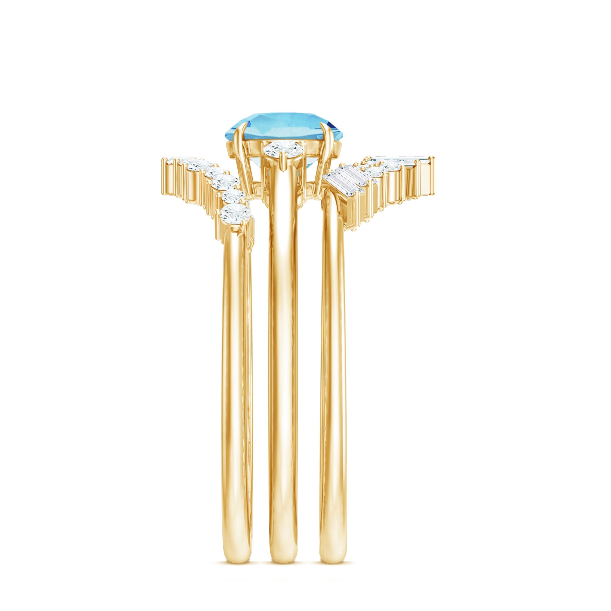 Real Aquamarine Designer Trio Wedding Ring Set with Diamond