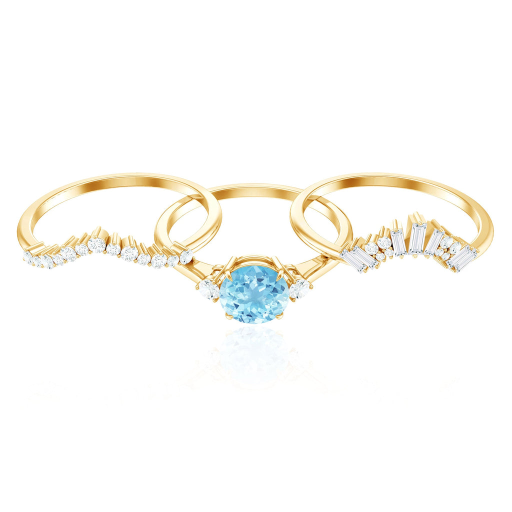 Real Aquamarine Designer Trio Wedding Ring Set with Diamond