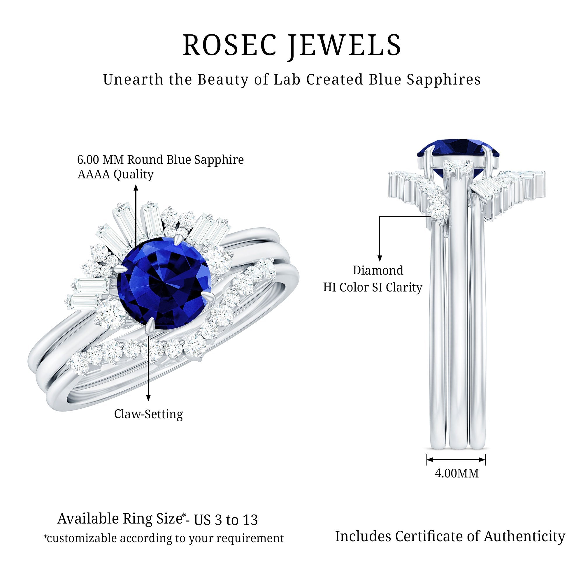 Certified 1 Carat Lab Grown Blue Sapphire 3 Piece Bridal Ring Set with Diamond