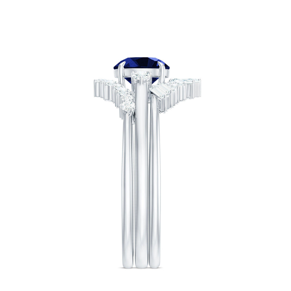 Certified 1 Carat Lab Grown Blue Sapphire 3 Piece Bridal Ring Set with Diamond
