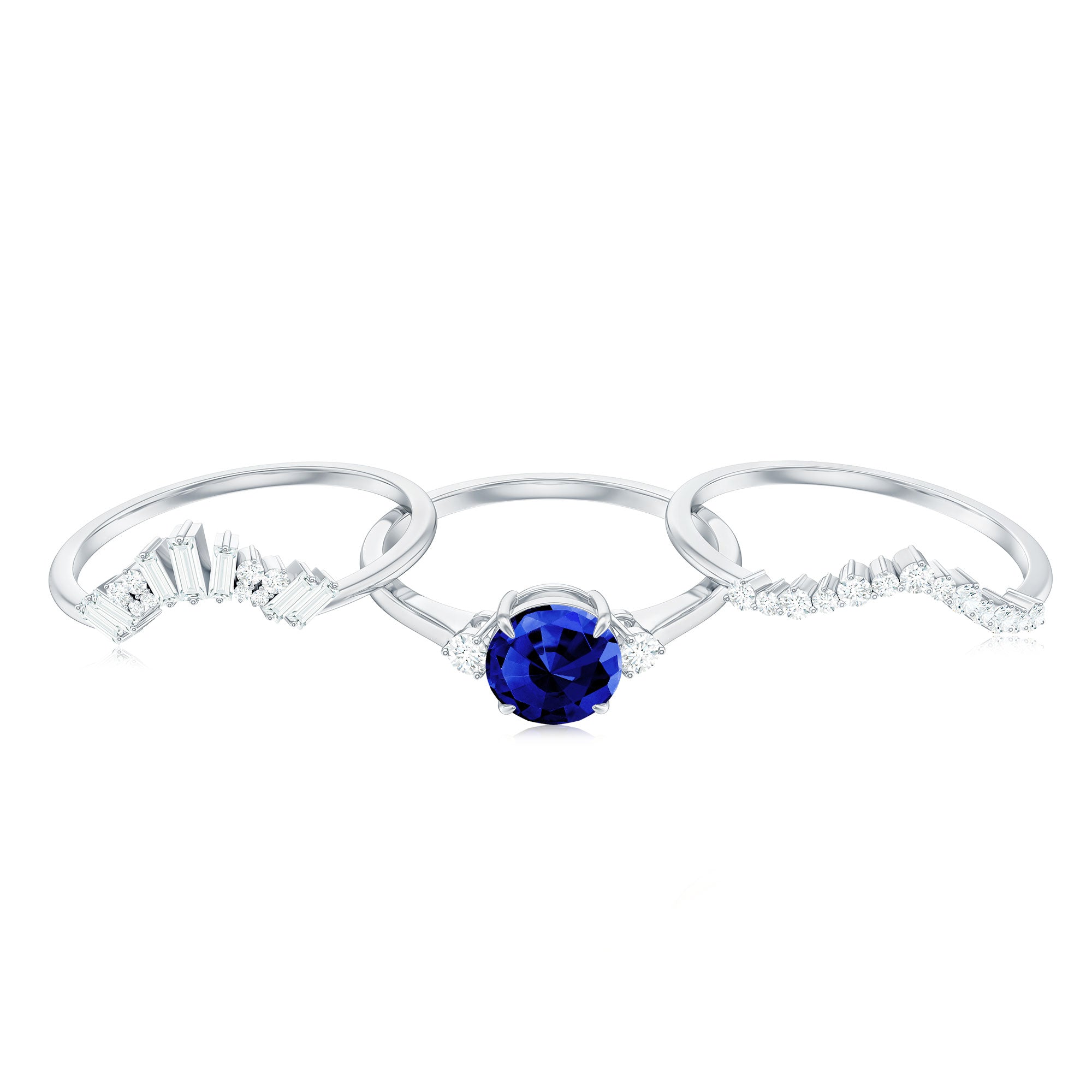 Certified 1 Carat Lab Grown Blue Sapphire 3 Piece Bridal Ring Set with Diamond