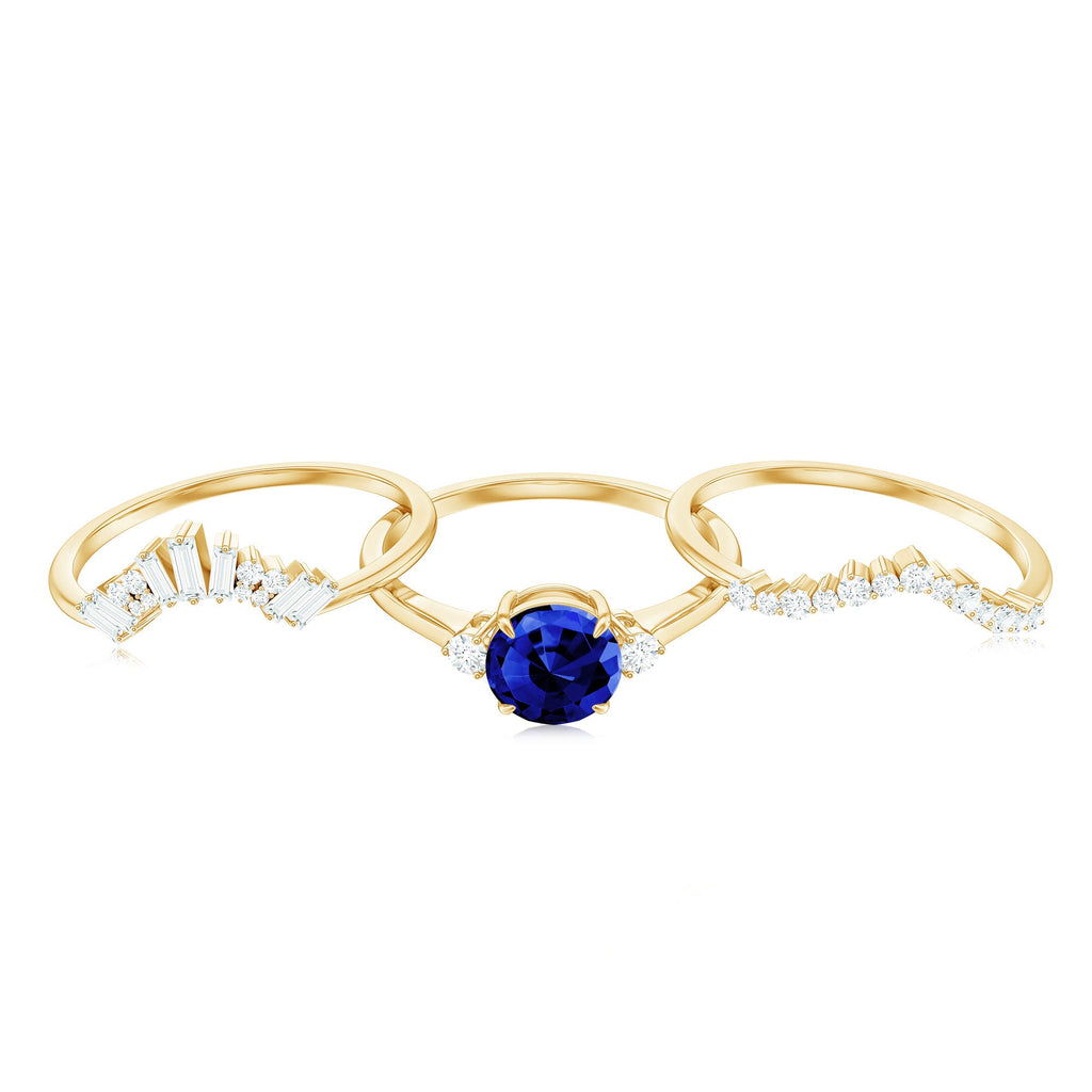 Certified 1 Carat Lab Grown Blue Sapphire 3 Piece Bridal Ring Set with Diamond