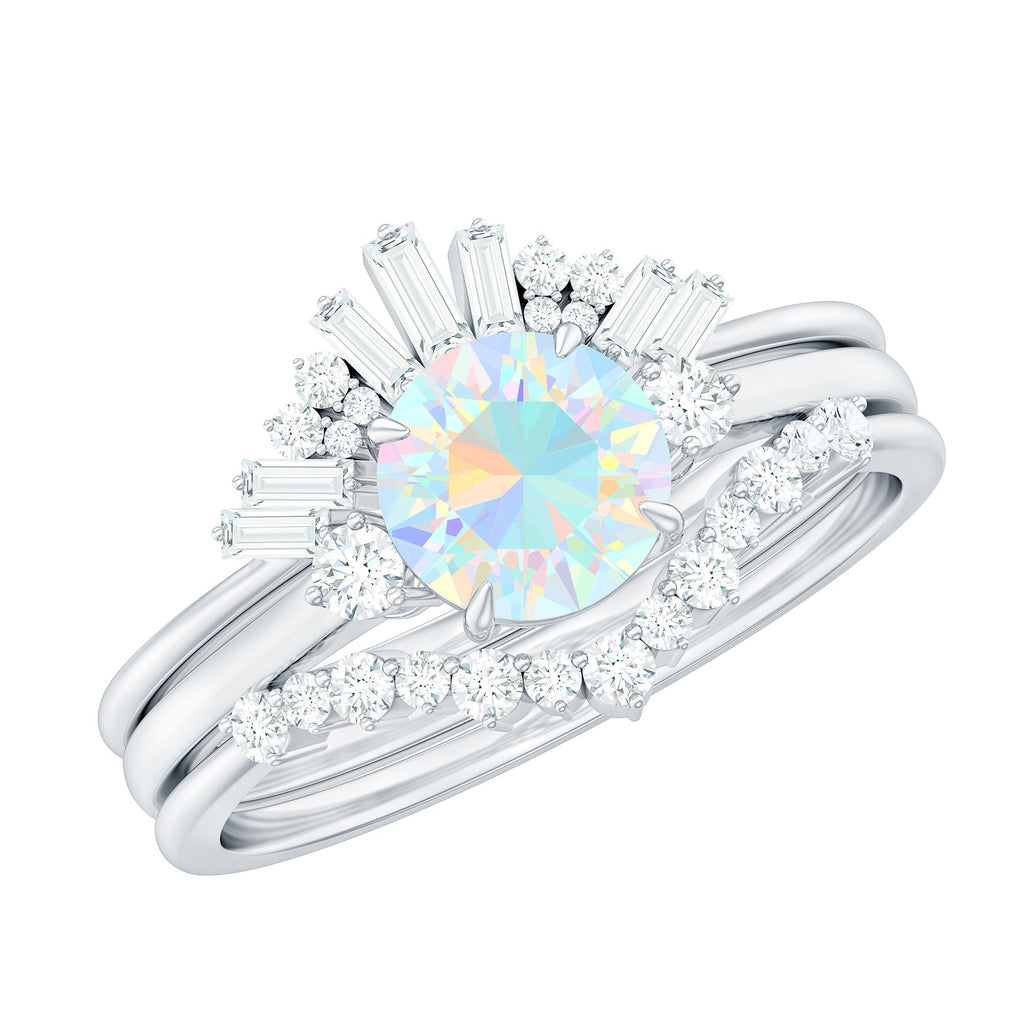 0.8 Carat Natural Ethiopian Rainbow Opal Diamond Wedding Bridal Ring Set of 3