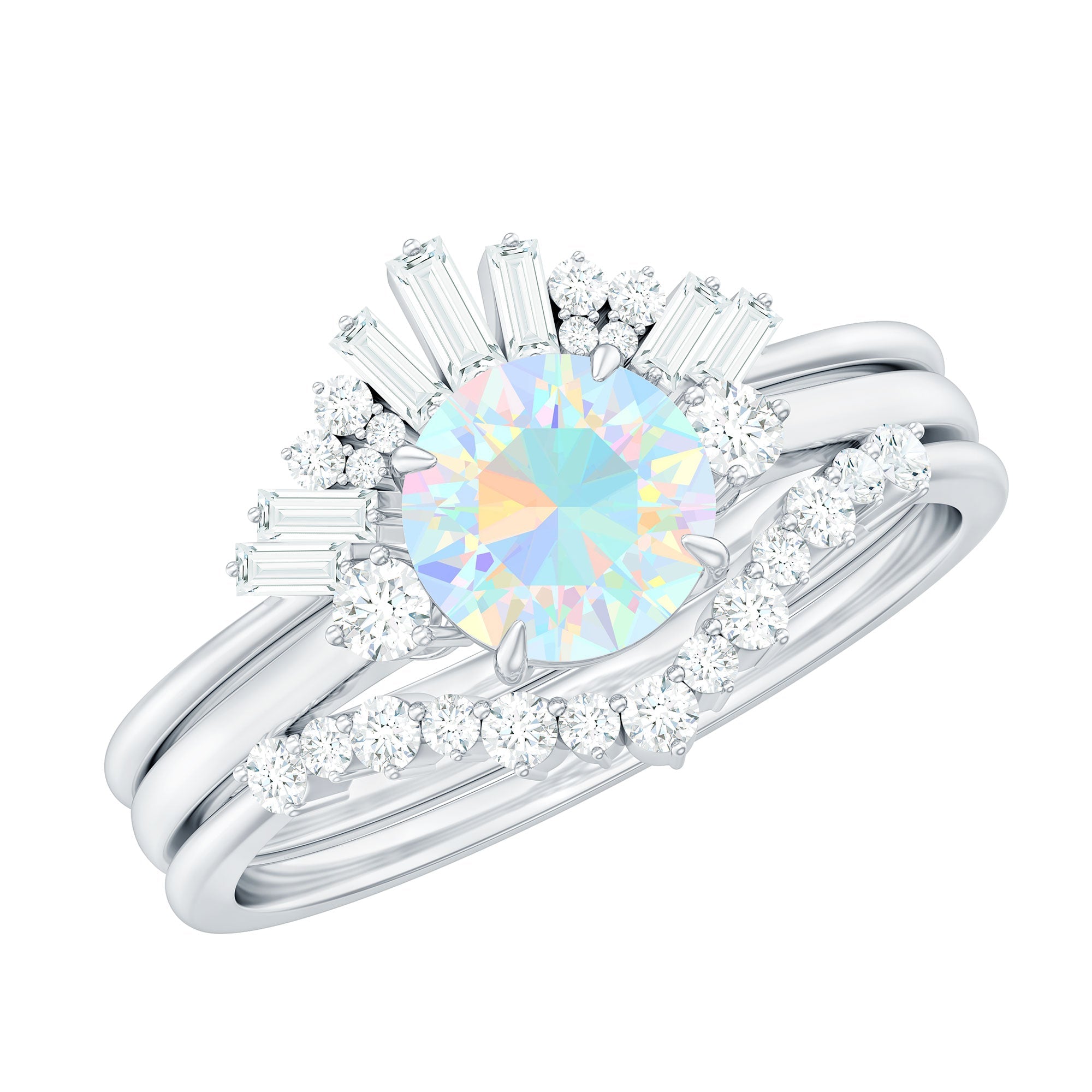 0.8 Carat Natural Ethiopian Rainbow Opal Diamond Wedding Bridal Ring Set of 3