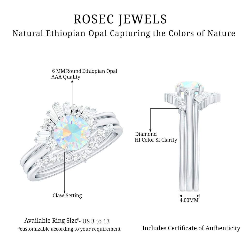 0.8 Carat Natural Ethiopian Rainbow Opal Diamond Wedding Bridal Ring Set of 3