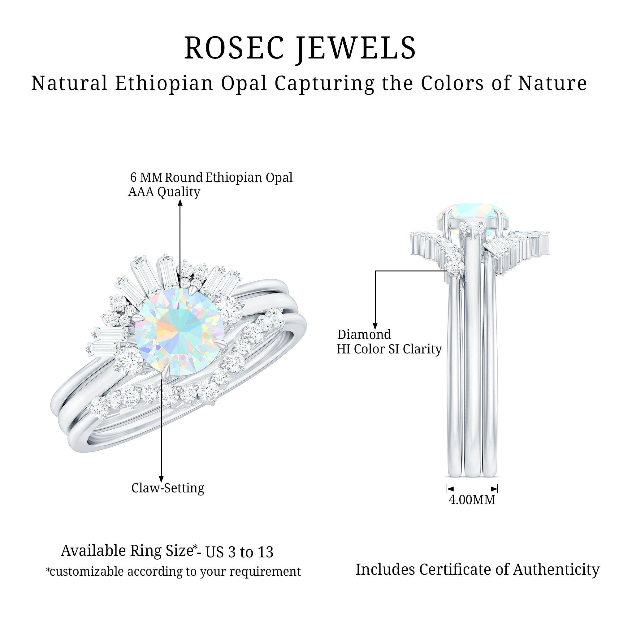 0.8 Carat Natural Ethiopian Rainbow Opal Diamond Wedding Bridal Ring Set of 3