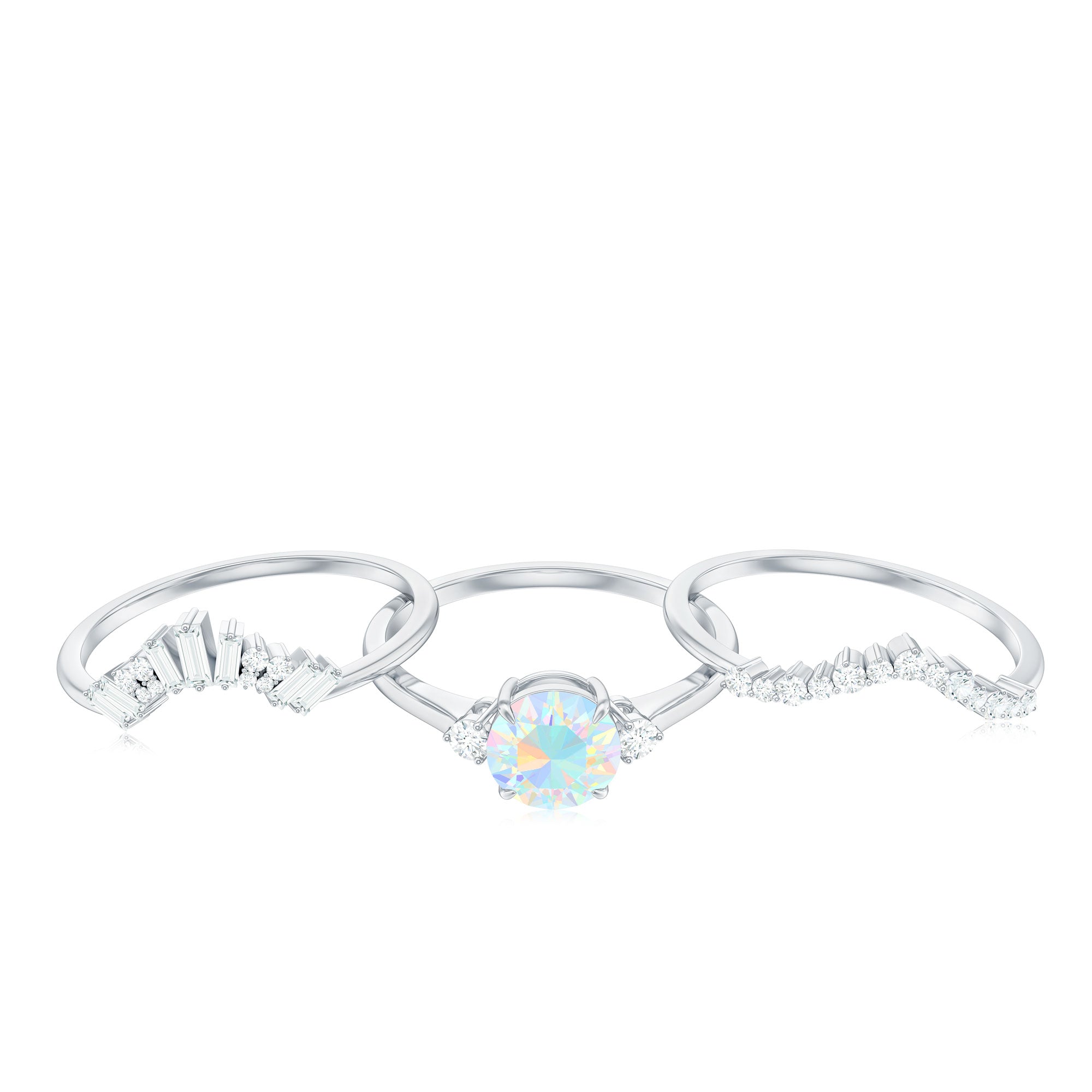 0.8 Carat Natural Ethiopian Rainbow Opal Diamond Wedding Bridal Ring Set of 3