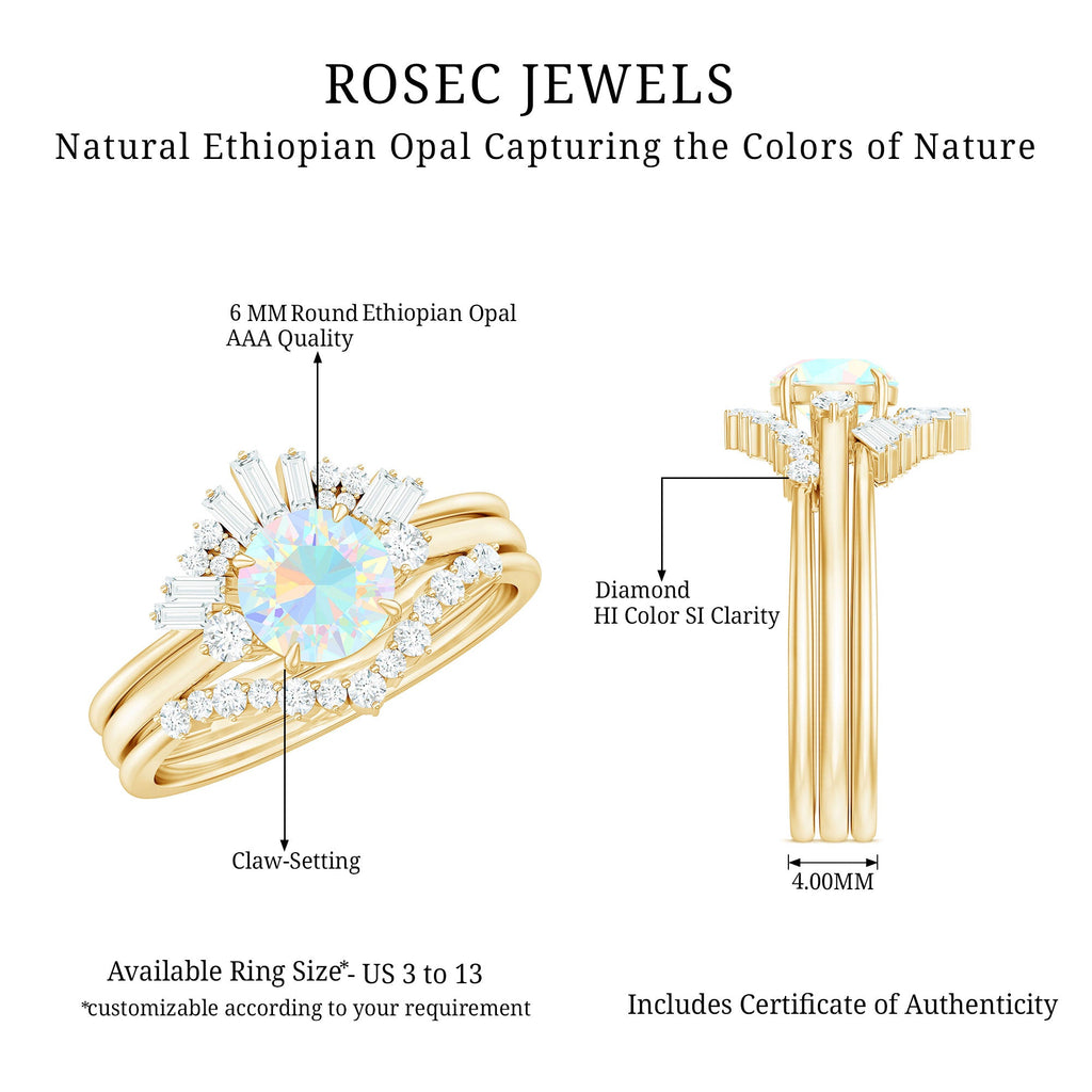 0.8 Carat Natural Ethiopian Rainbow Opal Diamond Wedding Bridal Ring Set of 3