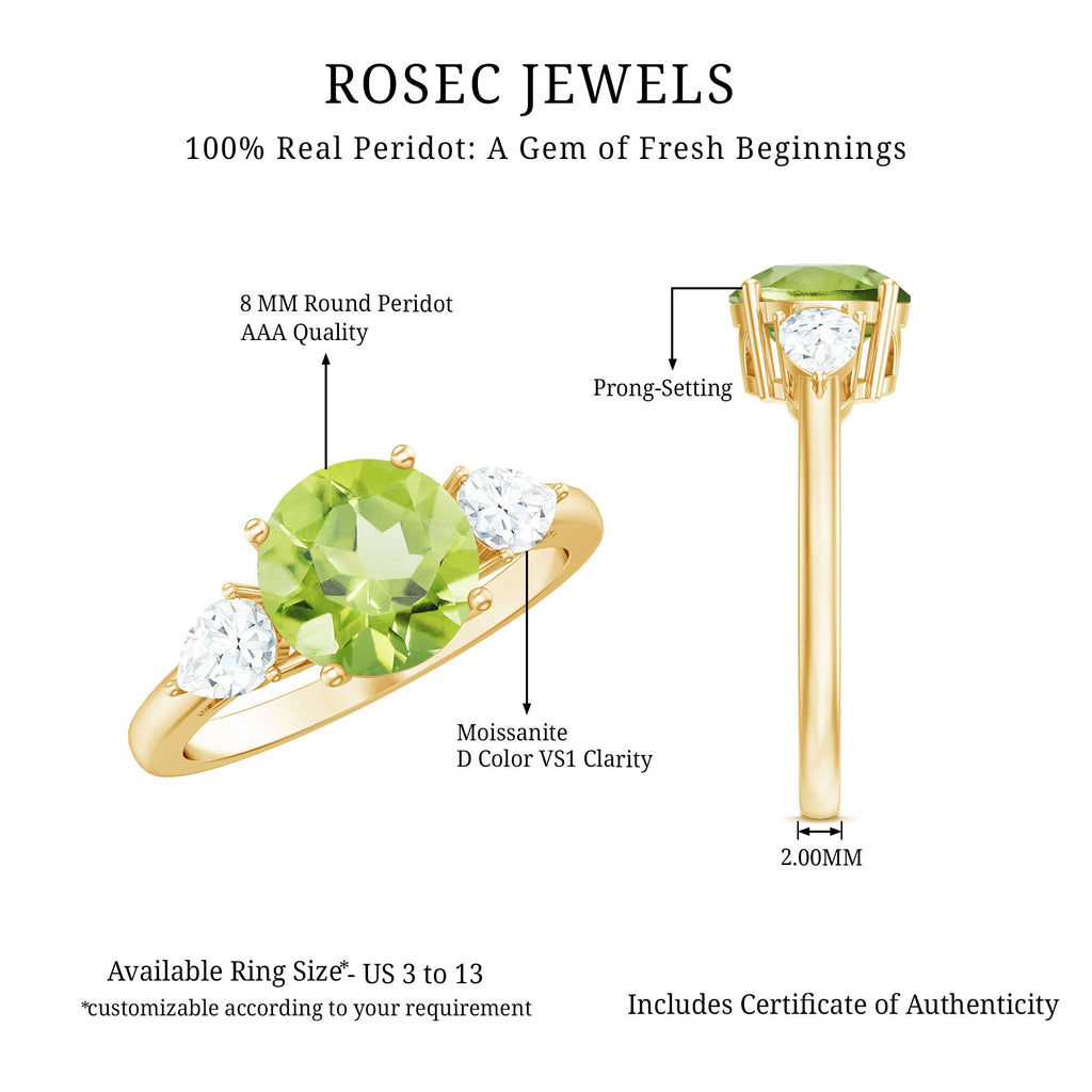 Certified Real 2 Carat Peridot Three Stone Engagement Ring with Moissanite