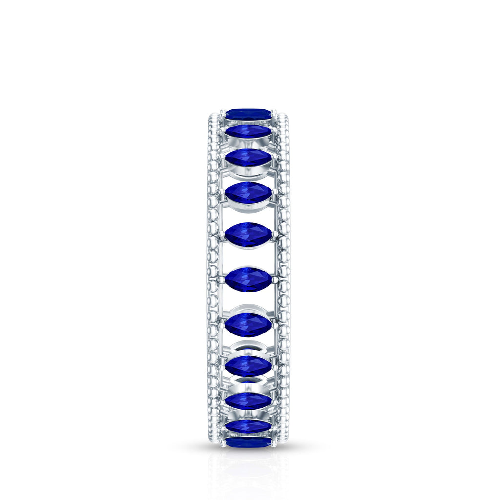 Marquise Cut Created Blue Sapphire Eternity Band with Beaded Detailing