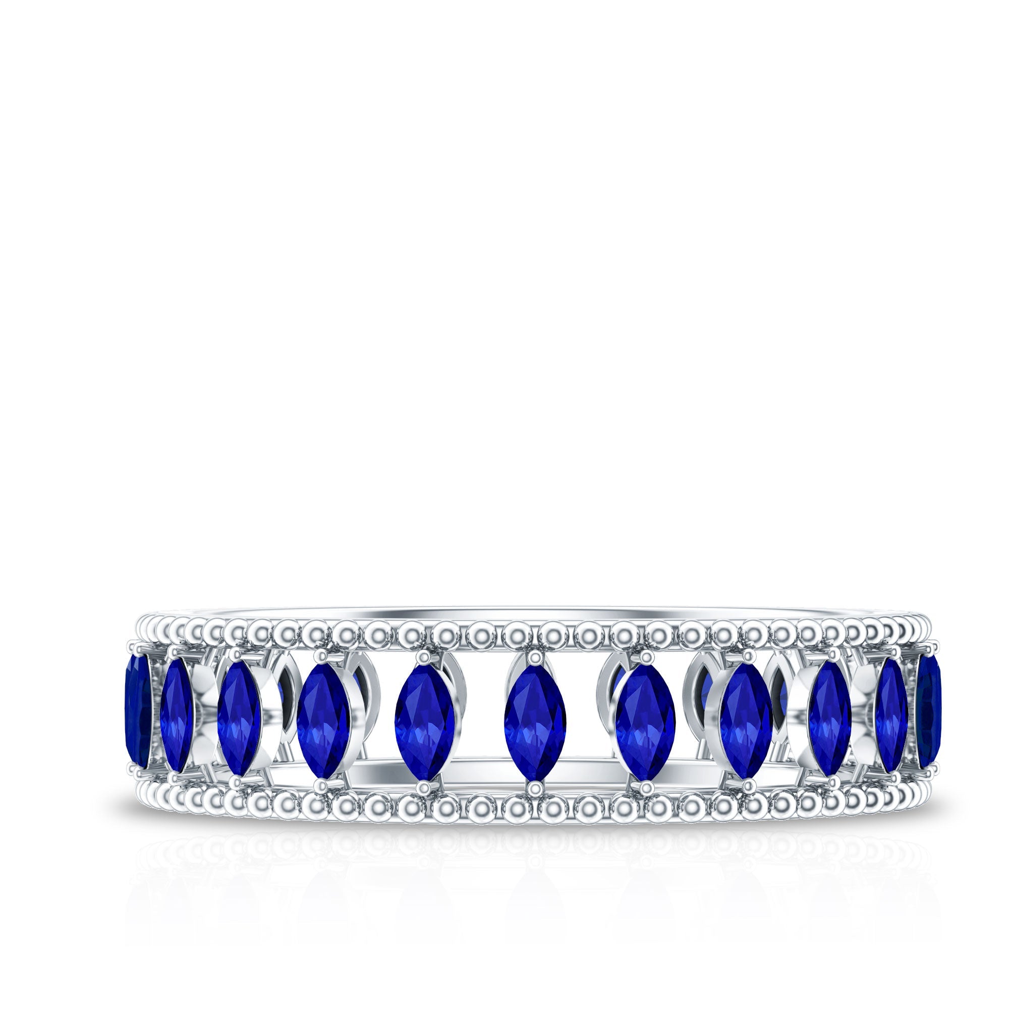 Marquise Cut Created Blue Sapphire Eternity Band with Beaded Detailing