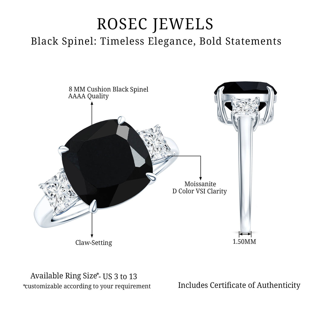Cushion Cut Black Spinel Solitaire Engagement Ring with Moissanite