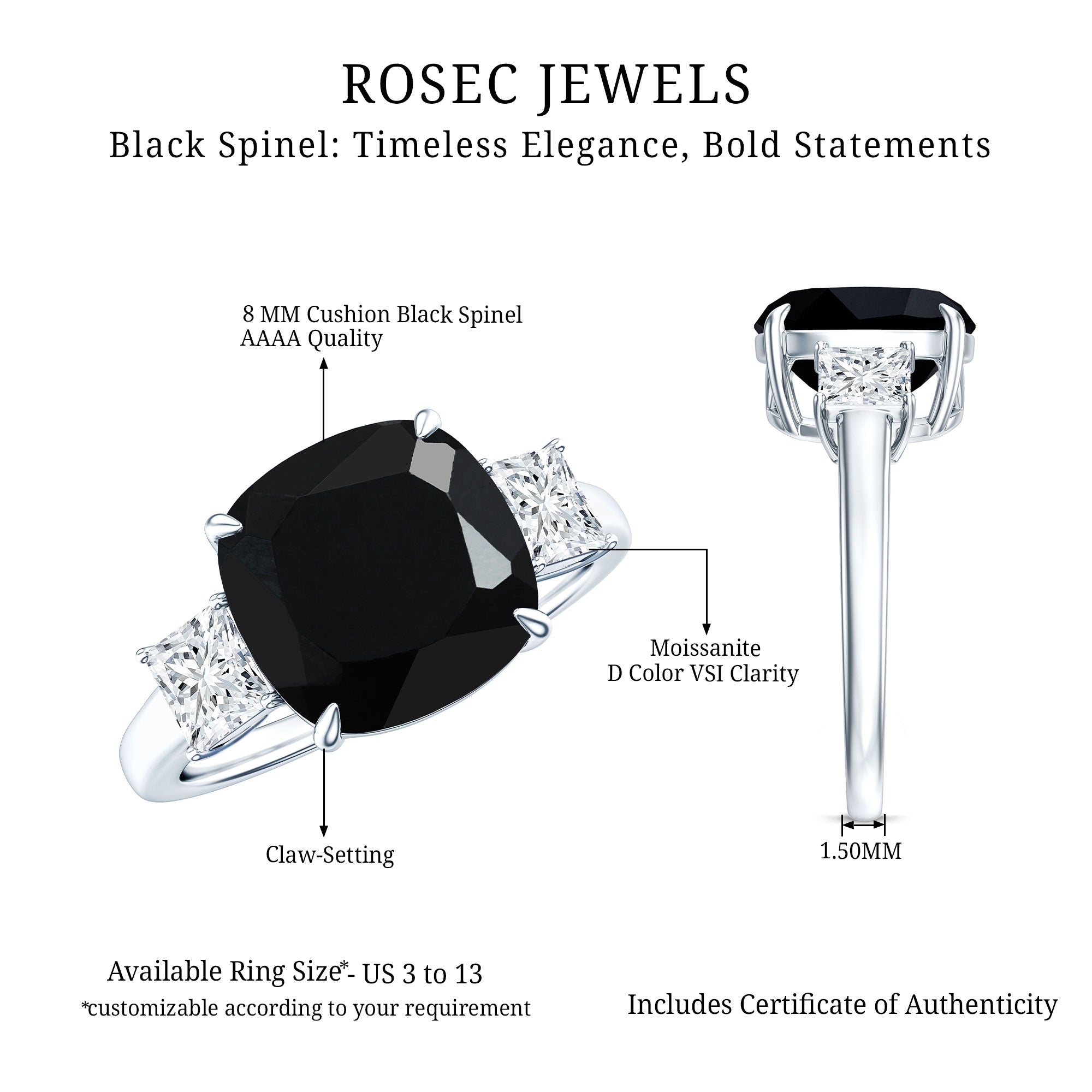 Cushion Cut Black Spinel Solitaire Engagement Ring with Moissanite